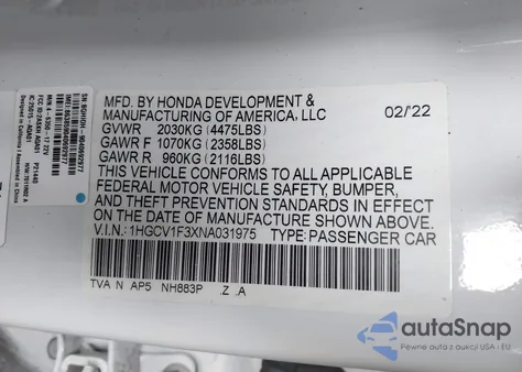 2022 Honda Accord Sport z USA, uszkodzony, nr VIN 1HGCV1F3XNA031975